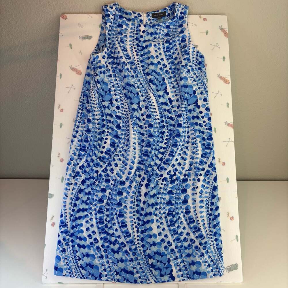 The Limited Sleeveless Shift Dress in Blue and White Abstract Dot Print